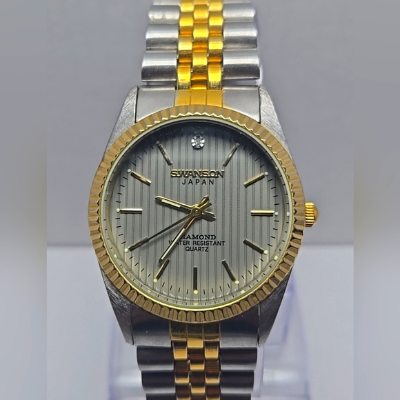 Vintage Swanson Quartz Watch Men Two Tone Fluted Bezel Diamond New Battery - Picture 1 of 10
